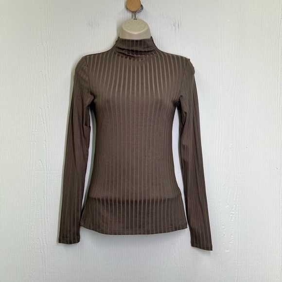 H&M - NWT Dark Beige Ribbed Stripe Long Sleeve Mock Neck Blouse Size Small - Picture 2 of 10